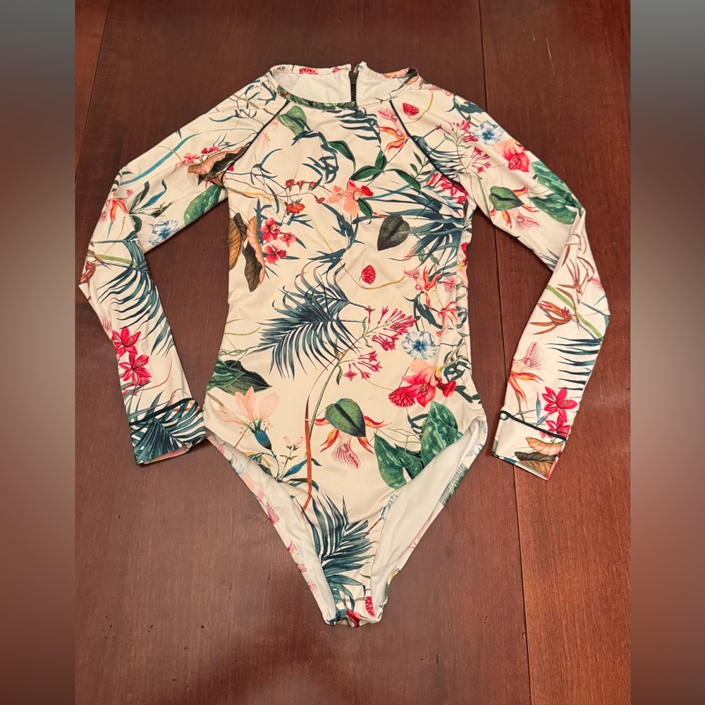 Long-Sleeve Floral One-Piece Swimsuit - Cream Tropical Print